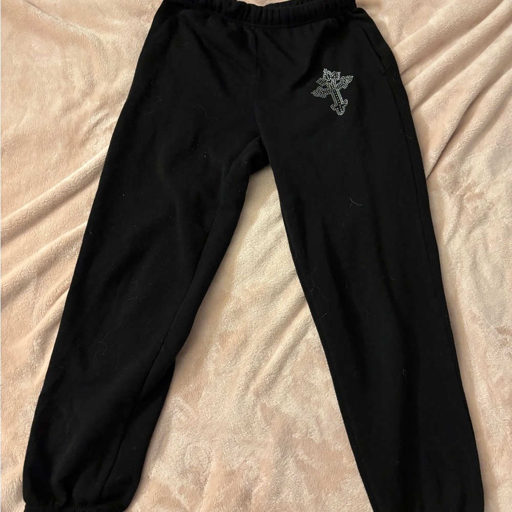 Black Jogger Pants with bedazzled cross